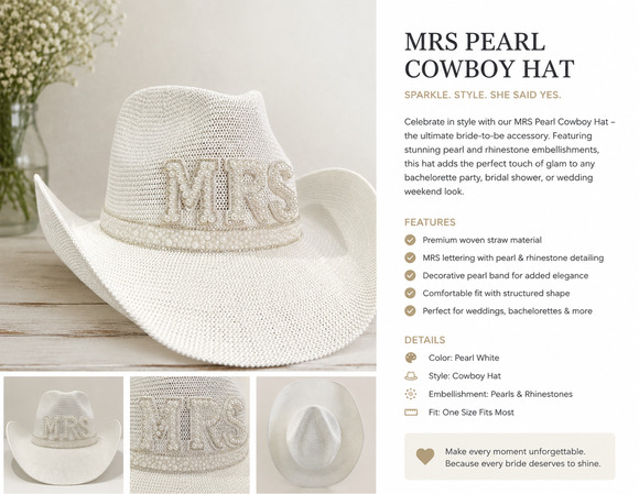 White MRS bridal cowboy hat with pearls and silver crystals